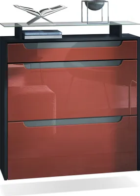 Produktbild von Vladon Schuhschrank Annie, Schuhkipper für 16 Paar Schuhe mit 2 Klappen, 1 Schublade und Glasablage, Schwarz matt/Bordeaux Hochglanz, Griffmulden in Grau Hochglanz (89 x 95,5 x 23 cm)