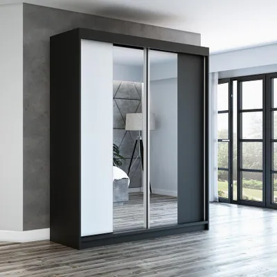 Produktbild von Schwebetürenschrank, 2-türig Schrank ELEGANZA 180 cm (mit Spiegel) Schwarz / weiß / schwarz