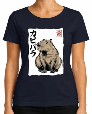 Imagen del producto de Camiseta para mujer con diseño de capibara (カピバラ), también conocida como "Wasserschwein" (cerdo de agua) en japonés, estilo arte japonés Y2K, técnica Ukiyo-e, color azul marino, talla S