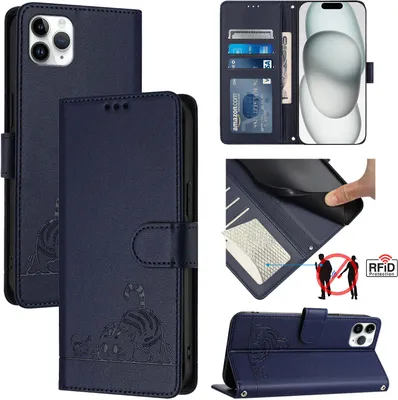 Produktbild von Leder Hülle für iPhone 11 Pro Max Süße Katze Flip Case Brieftasche Schutzhülle mit Standfunktion Blau