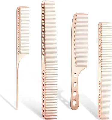 Produktbild von Professioneller Friseurkamm aus Aluminium, 4 Arten von Metallkämmen zum Schneiden von Haaren, Kamm für Haarstyling, inklusive Schneidekamm für lange Haare, Stylingkamm für kurze Haare, Griffkamm, Stielkamm (Roségold)