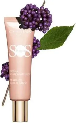 A tube of Clarins SOS Primer foundation with purple berries and a leaf.