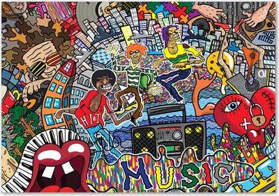 Produktbild von Tulup® Glas-Bild - 100 x 70 - Wandbild aus Glas - Wandkunst - Wandbild hinter gehärtetem Sicherheitsglas - Teenager - Musikcollage - Mehrfarbig