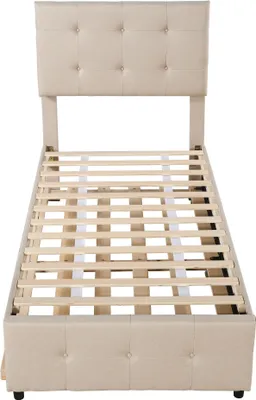 Produktbild von Flieks Polsterbett 90x200cm mit Ausziehbarem Bett, Jugendbett Kinderbett mit Lattenrost, Einzelbett Gästebett Funktionsbett Holzbett, Leinen, Beige