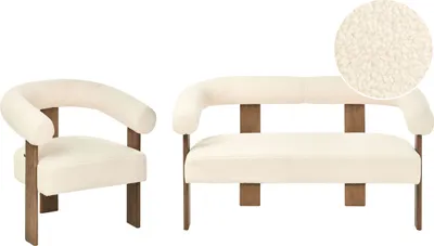 Produktbild von BELIANI 3-Sitzer-Sofa Cremeweiß und Dunkelbraun Bouclé-Polsterung retro Stil Holzbeine Wohnzimmer
