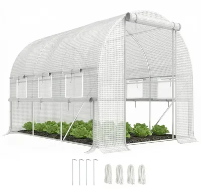 Image de Serre en film plastique - 2,95 x 2 x 2 mètres - 6 fenêtres à enroulement - Porte avec fermeture éclair - Structure en acier galvanisé - Revêtement en polyéthylène - Blanc