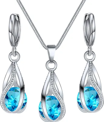 Produktbild von Silbernes Schmuckset mit Tropfenform für Damen, Zirkonia, Tropfenform, baumelnde Ohrringe und Halskette, Set für Hochzeit, Brautaccessoires