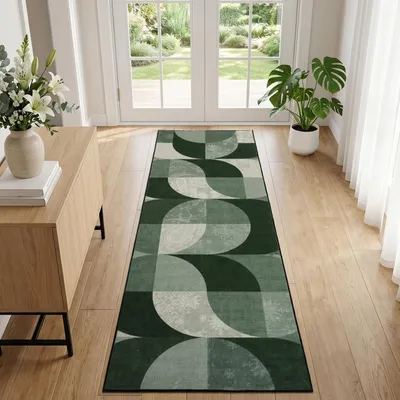 Image de Tapis de couloir, 60 x 180 cm, à motifs verts et blancs, lavable, à poils courts, antidérapant, idéal pour la cuisine