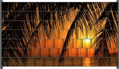 Produktbild von Wallario Zaunsichtschutz mit Motiv Sonnenuntergang unter Palmenblättern für Ein- und Doppelstabmatten Zäune in der Größe 250 x 140 cm