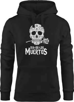 Produktbild von Hoodie Damen Sugar Skull Dia De Los Muertos Totenkopf mit Blumen Kapuzen-Pullover Frauen Neverless® schwarz M
