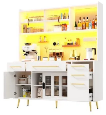 Zdjęcie produktu dla Szafka kuchenna, witryna z oświetleniem LED, komoda, szuflady, wymiary: 145x39x171 cm, kolor: biały