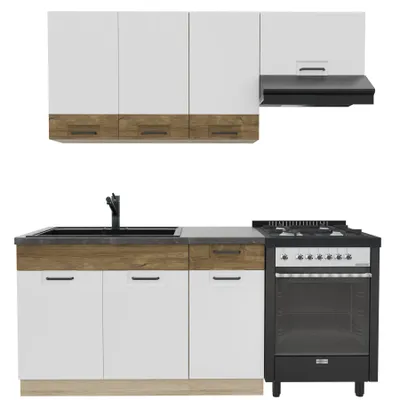 Obrázek produktu pro Kuchynská linka 180 cm – FAVORIT D – pracovní deska tmave hnedá – bílá lesklá – dub Sonoma – kuchyn pro jednu osobu bez spotrebicu – kovové zásuvky