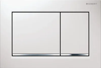 A white dual-flush toilet actuator plate with a silver accent strip.