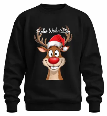 Zdjęcie produktu dla Merry Christmas Reindeer Rudolph Cartoon Funny Christmas Hat Uni Sweatshirt Pullover, Czarny, S