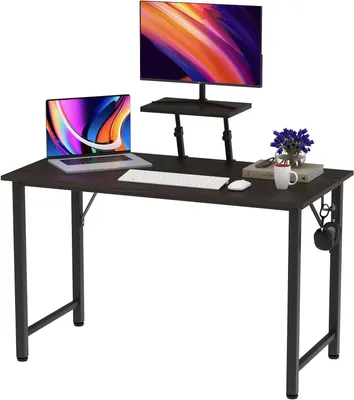 Produktbild von Kleiner Schreibtisch mit höhenverstellbarer Monitorablage und Kopfhörerhalter, stabiler Schreibtisch für Büro, Homeoffice und Gaming (Schwarz 100x50x75cm)