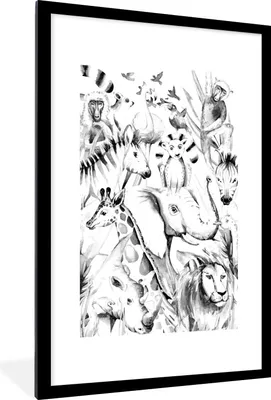 Produktbild von MuchoWow® Gerahmtes Poster Aquarelle - Tiere - Dschungel - Pastell - Jungen - Mädchen - Kinder 60x90 cm - Poster mit Schwarzem Bilderrahmen Wandposter Rahmen Foto Bilder - Dekoration - Wandposter Wohnzimmer - Hochwertig
