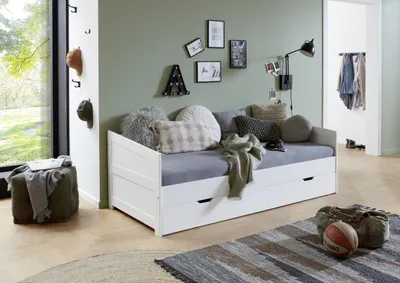 Produktbild von Relita Funktionsbett Nina, Buche Massivholz, weiß lackiert, mit Bettschublade und Auszugsbett (90x190 cm), 204 x 77 x 97/200 cm