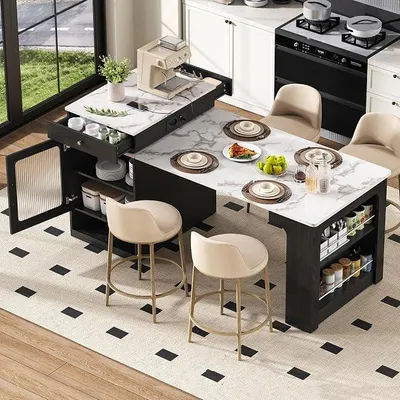 Produktbild von Kücheninsel mit Sitzgelegenheit, Ausziehbarer Esstisch mit Abnehmbarer Tischplatte, Bartisch, Dient als Kücheninsel, Anrichte, Sideboard oder Bartisch für Küche und Esszimmer (Schwarz)