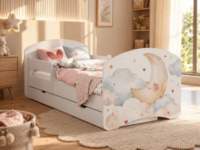Obrázek produktu pro Roztomilá dětská postýlka 140 × 70 cm | Postýlka pro větší děti s úložným prostorem a bočnicí | Včetně pěnové matrace