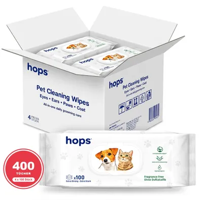 Produktbild von HOPS Tier-Reinigungstücher für Hund und Katze, 4 x 100 Stück, parfumfrei, mit Aloe Vera & Kamille, extra stark, kompostierbar, plastikfrei