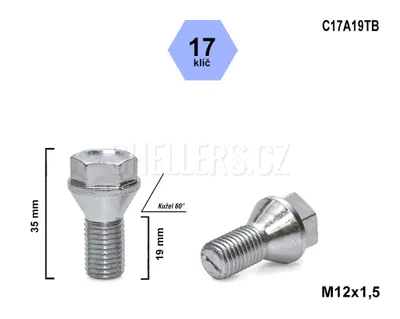 Obrázok produktu pre Skrutka kolesa M12x1,5x19 s kužeľom s krátkou hlavou, kľúč 17, C17A19TB výška 35