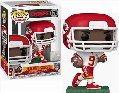 A Funko Pop! vinyl figure of Juju Smith-Schuster of the NFL Chiefs, shown both in its packaging and displayed outside of it.