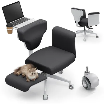A multi-position office chair with a laptop, cup holder, and a cat on the footrest, shown from multiple angles.