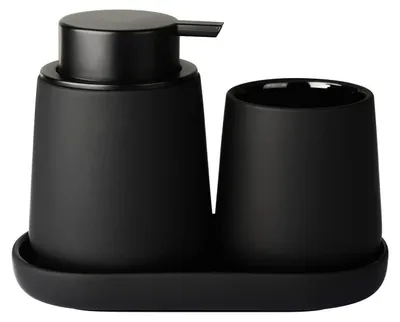 Image de Ensemble de salle de bain en céramique noire, comprenant : distributeur de savon de 350 ml, gobelet à brosse à dents de 320 ml et porte-savon