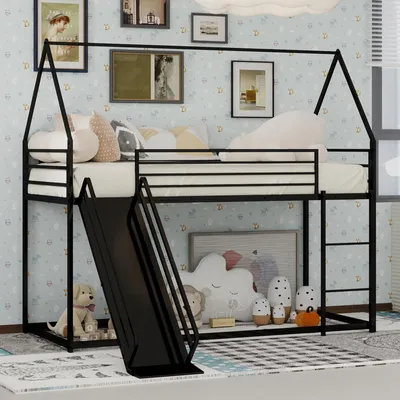 Image de okwish Lit superposé 90x200 en forme de maison, lit pour jeunes avec toboggan, échelle et cadre métal, noir (sans matelas)