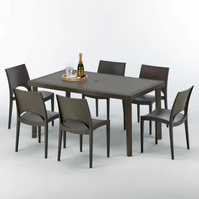 Produktbild von Polyrattan Tisch Rechteckig mit 6 Bunten Stühlen 150x90 Braun Focus