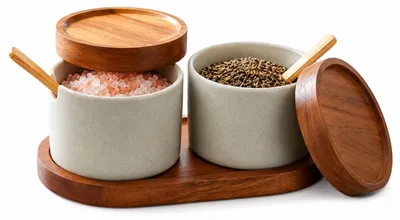Gewürzbehälter aus Keramik, 2er-Set mit Holzdeckel, 200 ml
