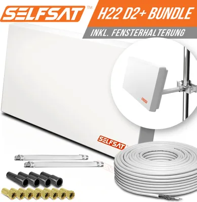 Produktbild von Selfsat H22D2+ 2 TV Teilnehmer SAT Flachantenne FLAT + Fensterdurchführung + Kabel FULL HD 4K