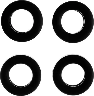 Four black rubber O-rings are arranged in a two-by-two grid on a white background.