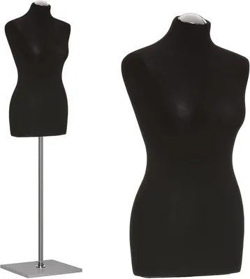 Imagen del producto de Muñeca de moda, género femenino, talla 36/38, funda negra, pie de madera con base plateada y detalle en la parte superior