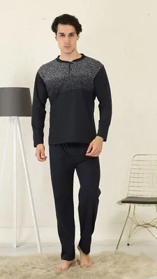 Produktbild von Herren Pyjama Schlafanzug Baumwolle Lang 2-Teiler Set Marineblau XL R-89