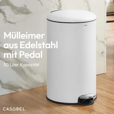 Produktbild von CASABEL Mülleimer Küche 50L, 100% Edelstahl, Resistent gegen Fingerabdrücke, Runder Treteimer mit Fußpedal, Abfalleimer mit Deckel für Bad, Küche, Büro, Weiß