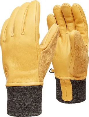 Dirt Bag Gloves von Black Diamond; gelbe Lederhandschuhe mit grauem Strickbund.