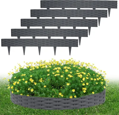 Produktbild von YARDIN Rasenkante Beeteinfassung Rund Kunststoff, Beeteinfassung Beetumrandungen 40m Rattan-Design Palisaden mit 40 Elemente á 100 cm, Anthrazit