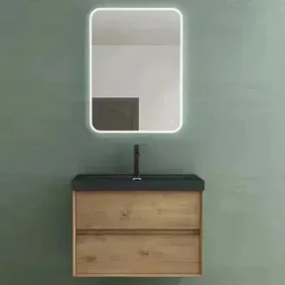 Produktbild von Mai & Mai Badmöbelset Badezimmermöbel Waschbeckenunterschrank 2 Schubladen mit Soft-Close inkl. Waschbecken und LED-Badspiegel Kerneiche 76,5 cm Rimo
