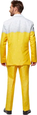 A man is shown from the back wearing a yellow and white suit.