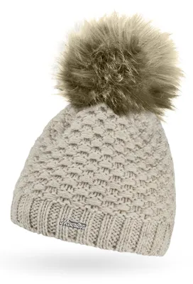 Produktbild von Damen Winter-Mütze Strick Fleecefutter Kunstfell-Bommel Pudelmütze Wintermode Outdoor Neverless® hellbeige unisize