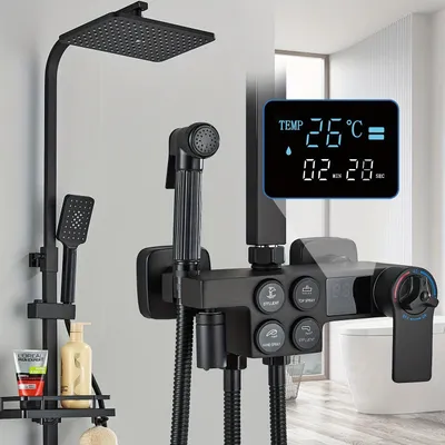 Produktbild von Thermostatische Duschset – Regendusche – Duscharmatur – Handbrause – Badewannenarmatur – Matt Schwarz – Messing
