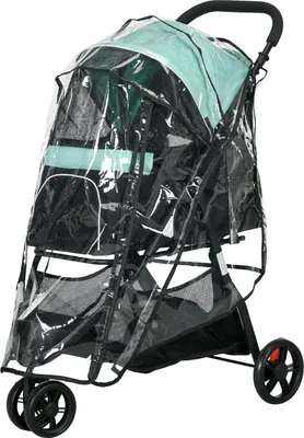 Obrázek produktu pro 2v1 Vozík pro psy Psí buggy s pláštěnkou Skládací pro psy a kočky do 10 kg Vozík pro kočky s polštářem Síťovaná Okna Dvířka Úložný košík Vozík pro kočky Buggy Zelená Aosom