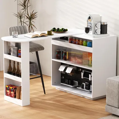 Produktbild von Flieks Ausziehbar 360° Drehbare Sideboard mit Stauraum und LED-Beleuchtung, Bartisch mit Lochbrett, Steckdosen, Tisch 120x50x95.5cm, Weiß