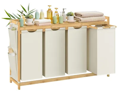 Produktbild von Bambus Wäschesammler - 4-fach Wäschesortierer - 200 l (4x50 l) - Mit Seitentaschen - Moderner Stil - Cremeweiß