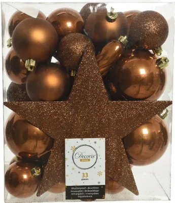 Immagine prodotto di Palline di Natale in plastica con stella dell'albero di Natale, set da 33 pezzi - Cannella