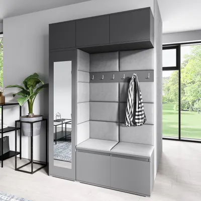 A modern entryway furniture set with a mirror, bench, and storage.
