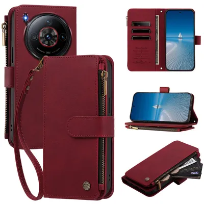 Produktbild von Handyhülle für ZTE nubia Z60S Pro, Leder Klapphülle mit Kartenfächern, Reißverschlussfach und Handschlaufe Rot