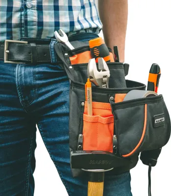 Immagine prodotto di PRATICA - Portautensili da cintura con portamartello e cintura - grande - 10 scomparti - grembiule jeans - cintura portautensili