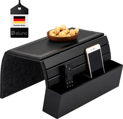 Produktbild von eluno Sofatablett aus Bambus mit Silikonablage und seitlichen Fächern, faltbare Ablage für Snacks, Handy uvm. in Schwarz